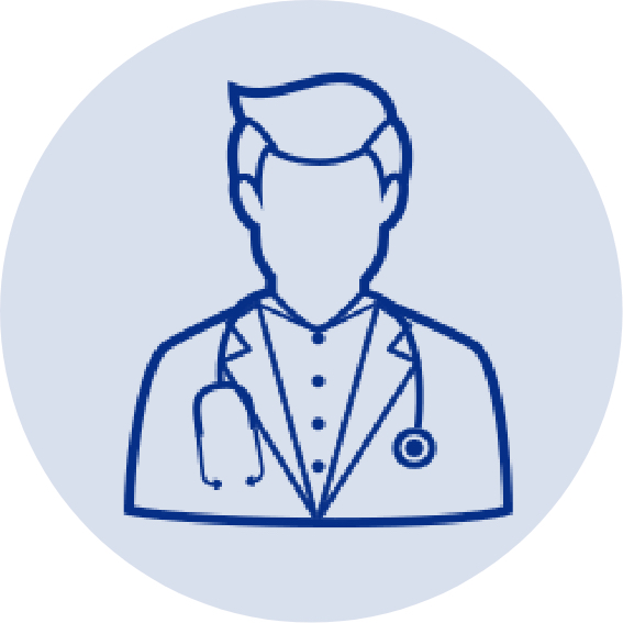 A light blue circle with dark blue line art of a doctor in a lab coat with a stethoscope