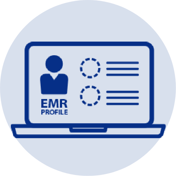 A light blue circle with dark blue line art of a laptop showing an EMR profile