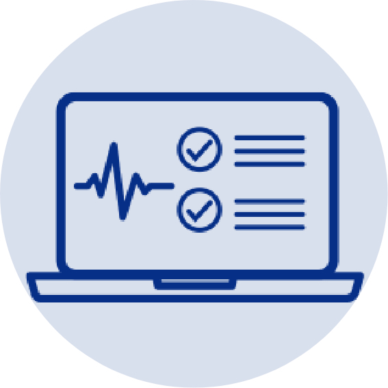 Light blue circle with dark blue line art of a laptop showing a heart monitor line and a checklist