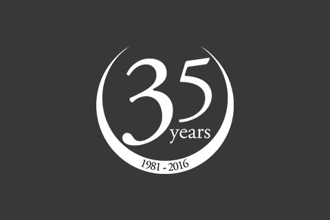 A black circular logo mostly outlined in white. Inside, it says "35 years, 1981-2016."