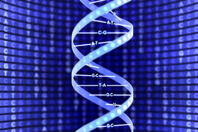 Digital art of a DNA double helix structure with labeled G, C, A, and T bases over a blue background
