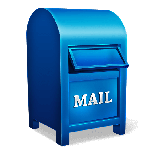 3-D artistic render of a bright blue USPS mail collection box, labeled "mail" in white