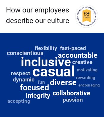 Word cloud of employees describing company culture, includes "casual," "inclusive," and "focused"