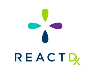 ReactDX logo. Four teardrop shapes – colored green, light blue, dark blue, and purple – in a circle.